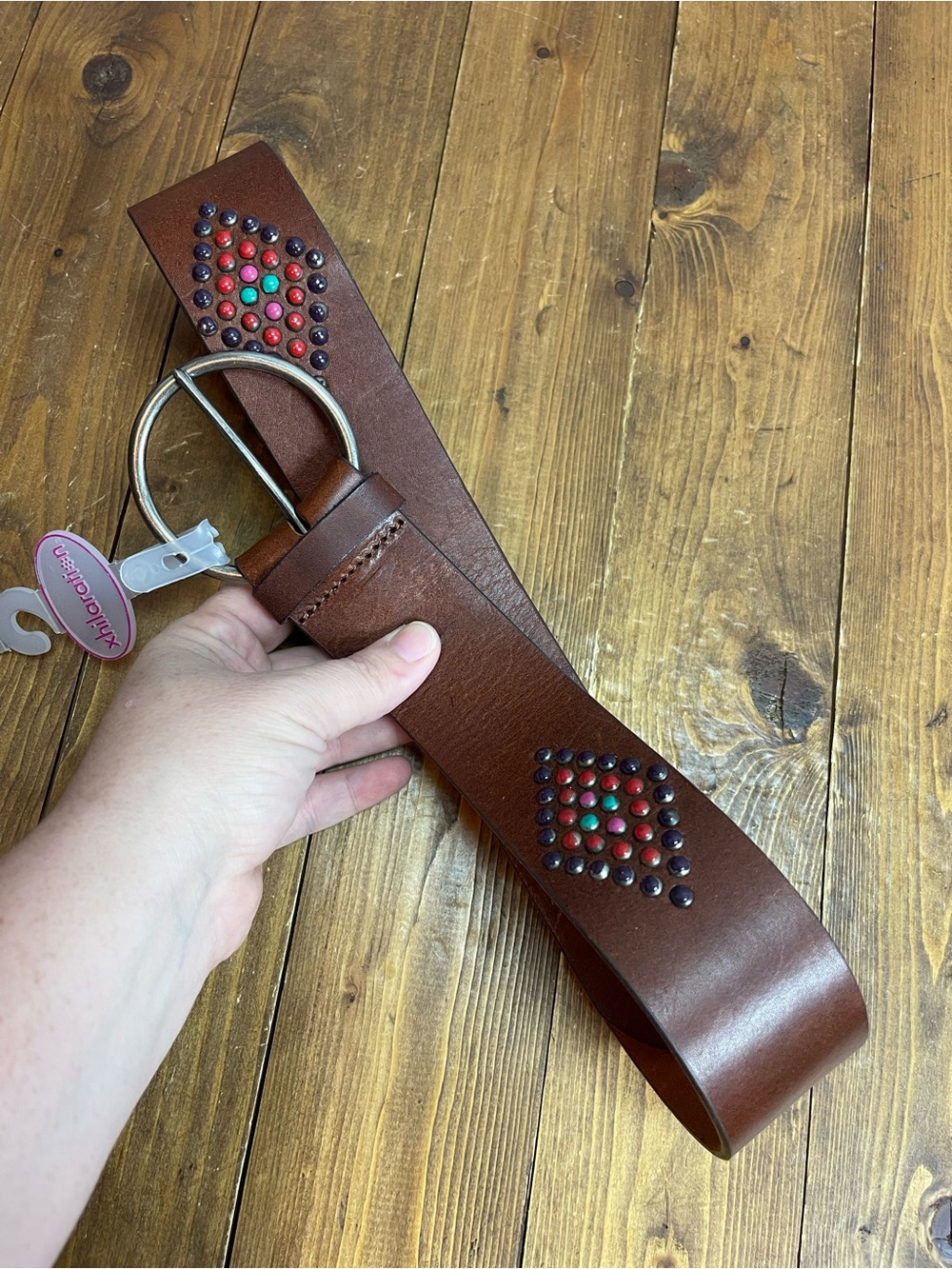 Xhileration Target size large brown leather belt with colorful studs round buckl